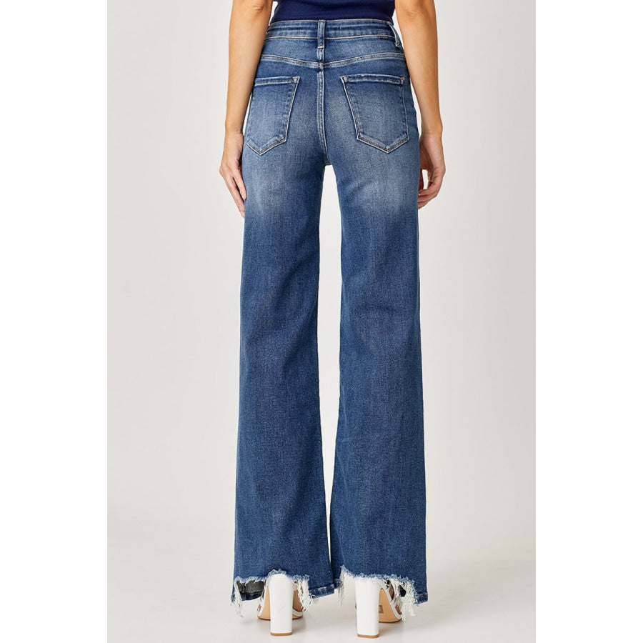 Risen Full Size High Rise Frayed Hem Wide Leg Jeans Apparel and Accessories