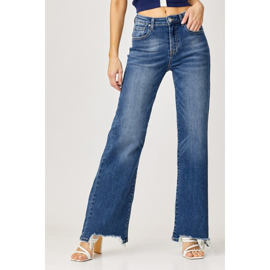 Risen Full Size High Rise Frayed Hem Wide Leg Jeans Apparel and Accessories