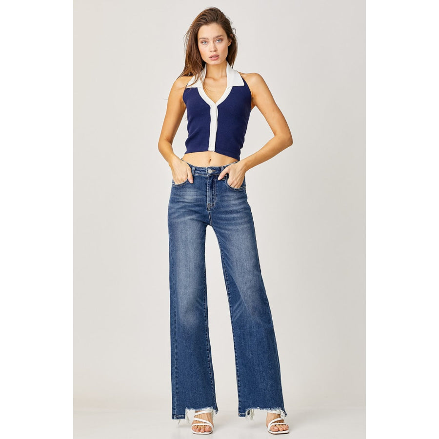 Risen Full Size High Rise Frayed Hem Wide Leg Jeans Apparel and Accessories