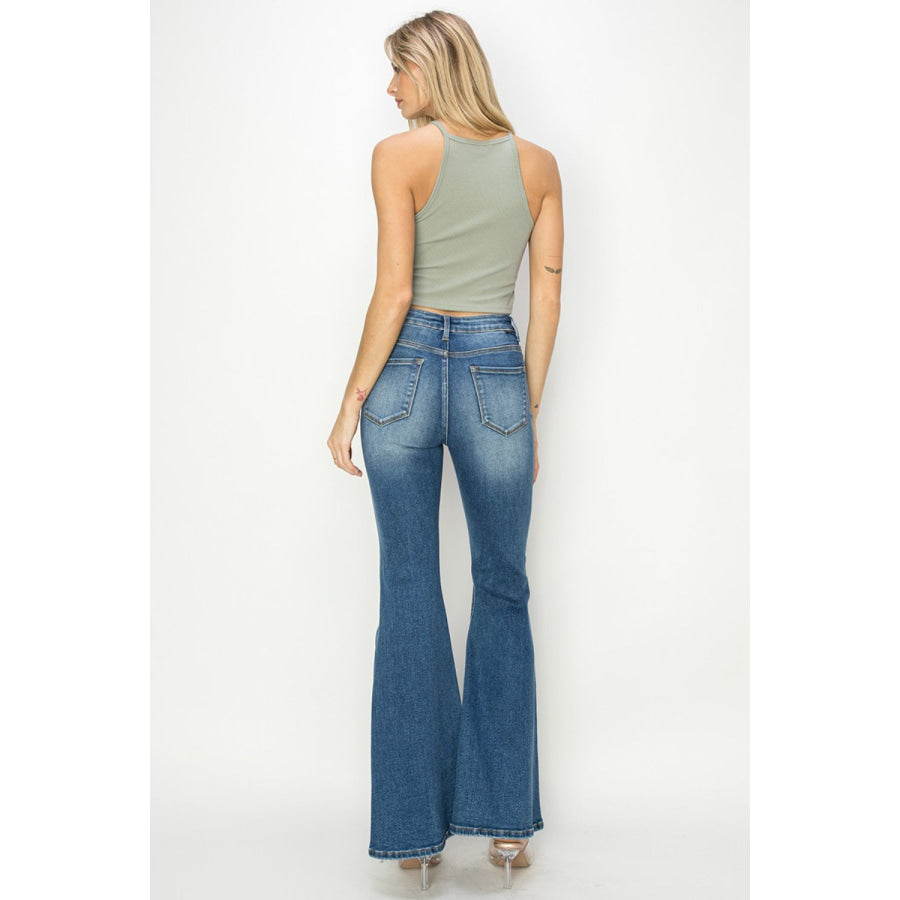 RISEN Full Size High Rise Front Seam Detailed Flare Jeans Apparel and Accessories