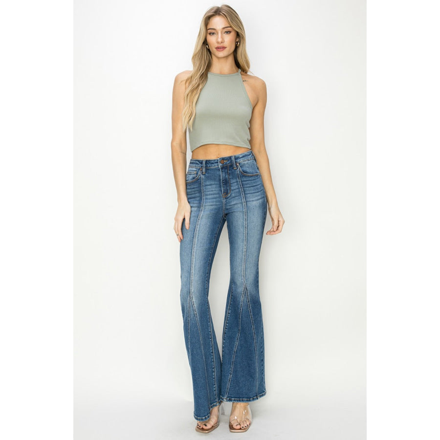 RISEN Full Size High Rise Front Seam Detailed Flare Jeans Apparel and Accessories