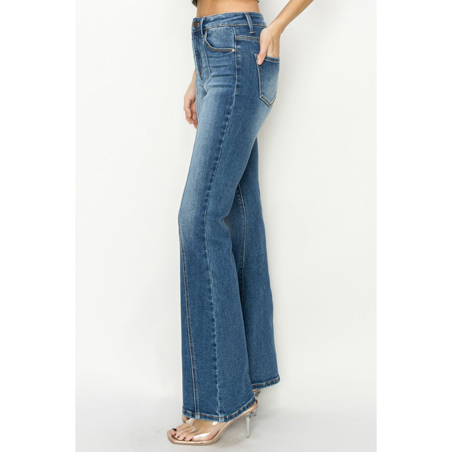 RISEN Full Size High Rise Front Seam Detailed Flare Jeans Apparel and Accessories