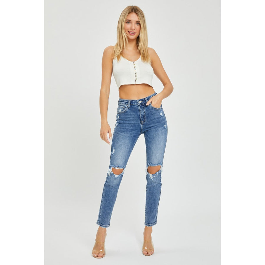 Risen Full Size High Rise Knee Distressed Skinny Jeans Apparel and Accessories