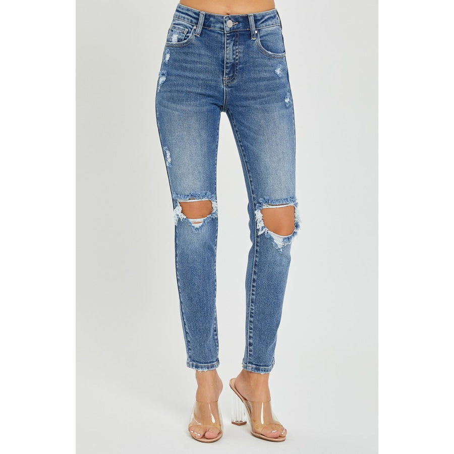 Risen Full Size High Rise Knee Distressed Skinny Jeans Apparel and Accessories