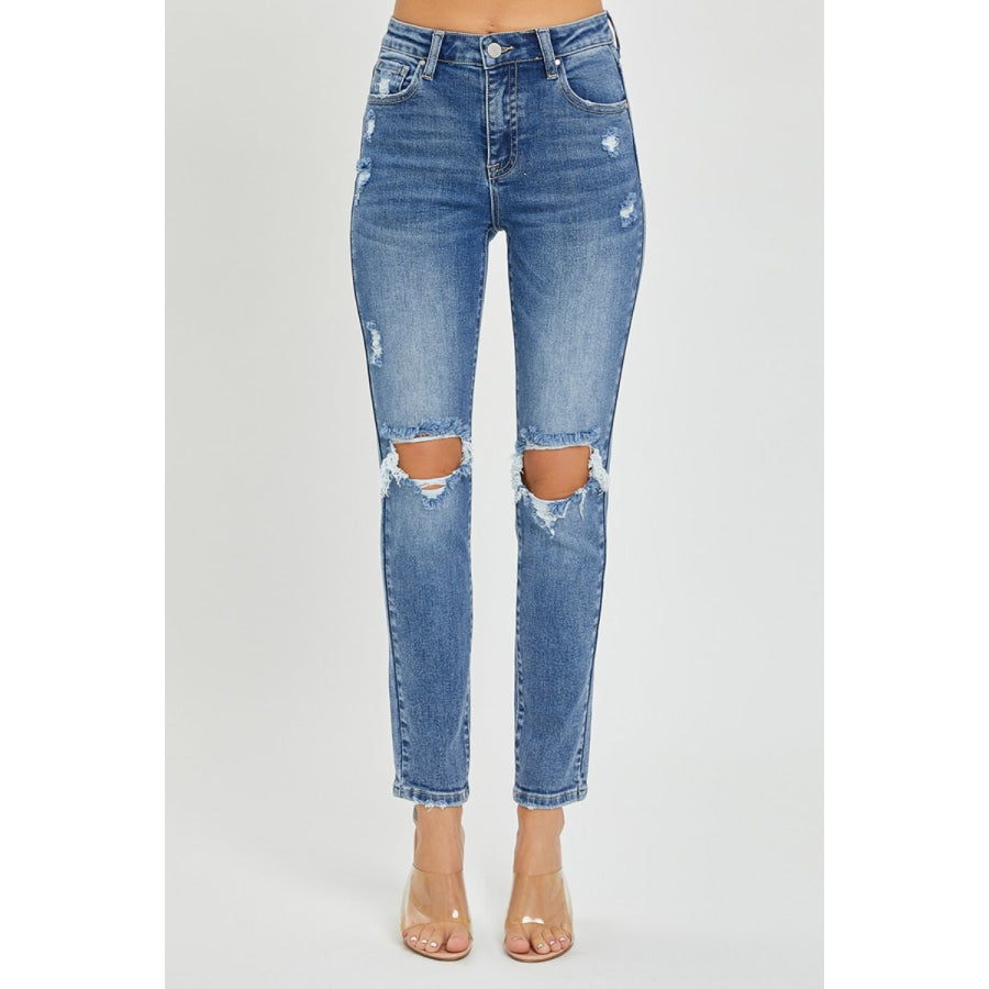 Risen Full Size High Rise Knee Distressed Skinny Jeans Apparel and Accessories