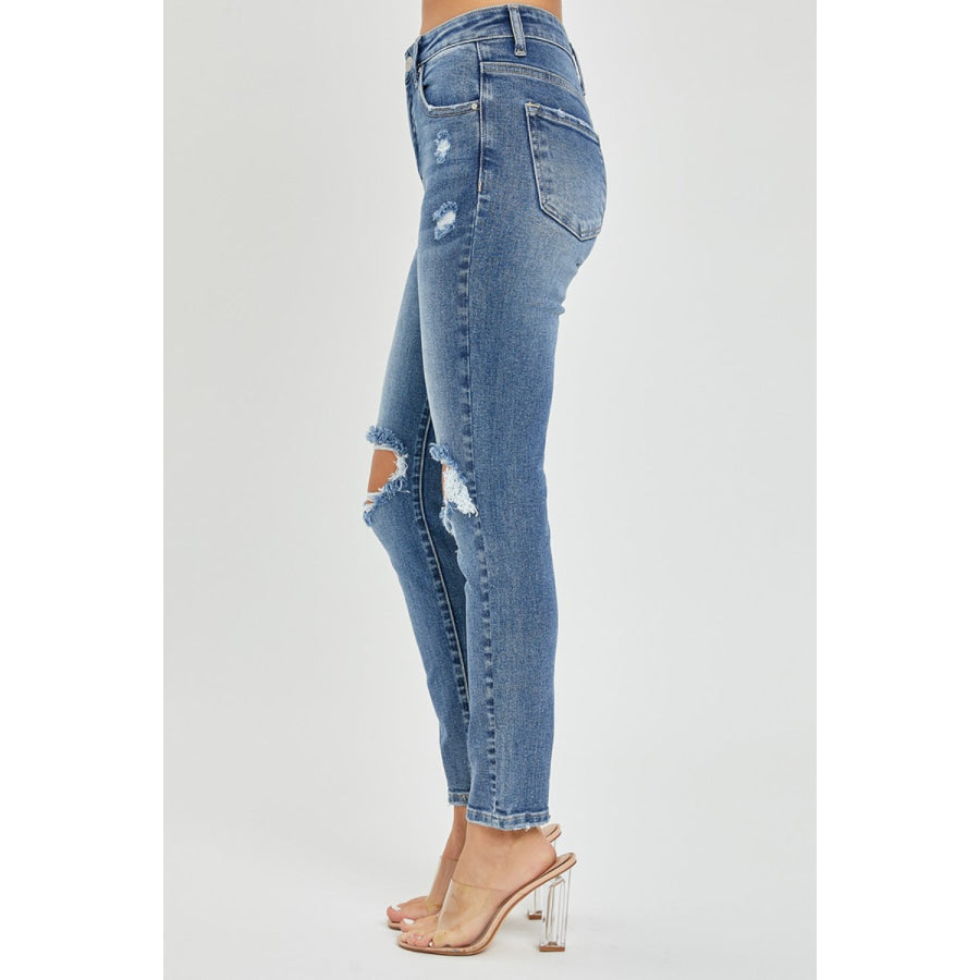 Risen Full Size High Rise Knee Distressed Skinny Jeans Apparel and Accessories