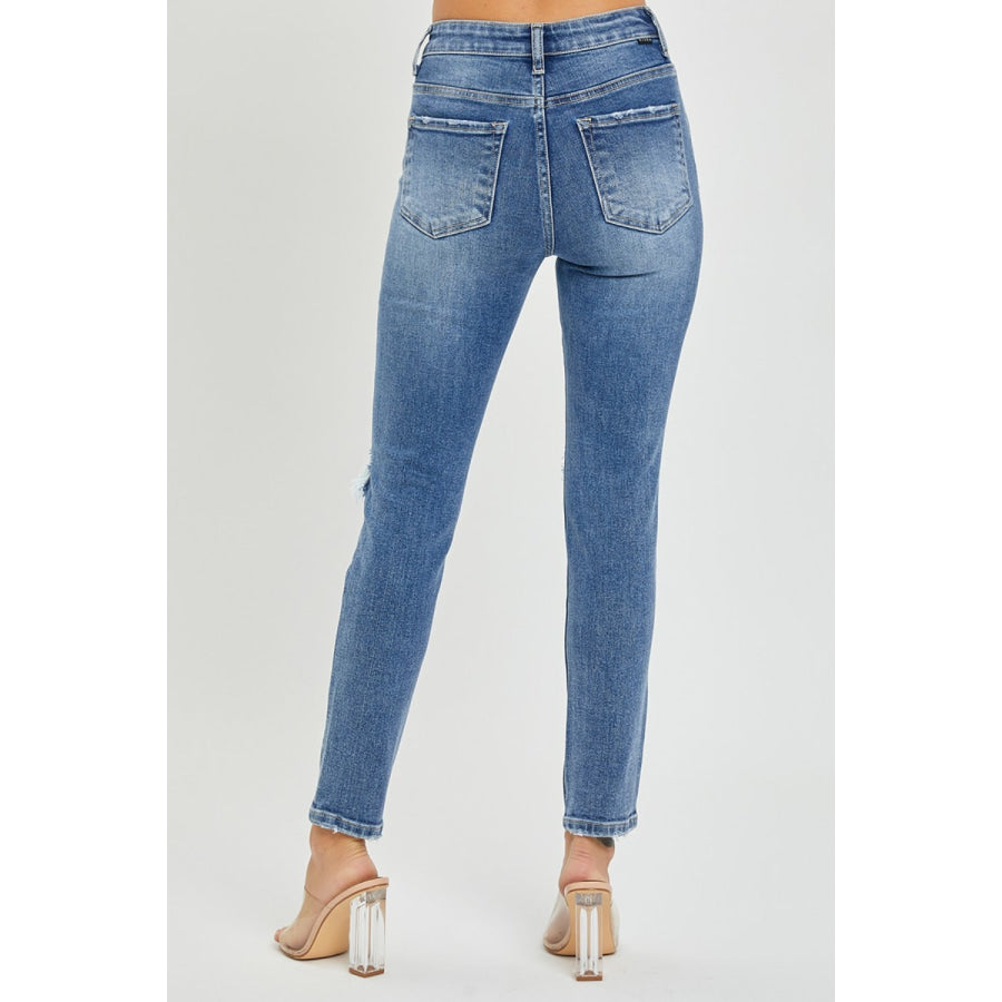 Risen Full Size High Rise Knee Distressed Skinny Jeans Apparel and Accessories