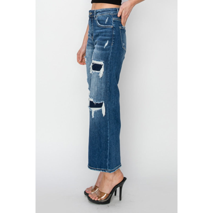 Risen Full Size High Rise Patch Detailed Wide Leg Crop Jeans Apparel and Accessories