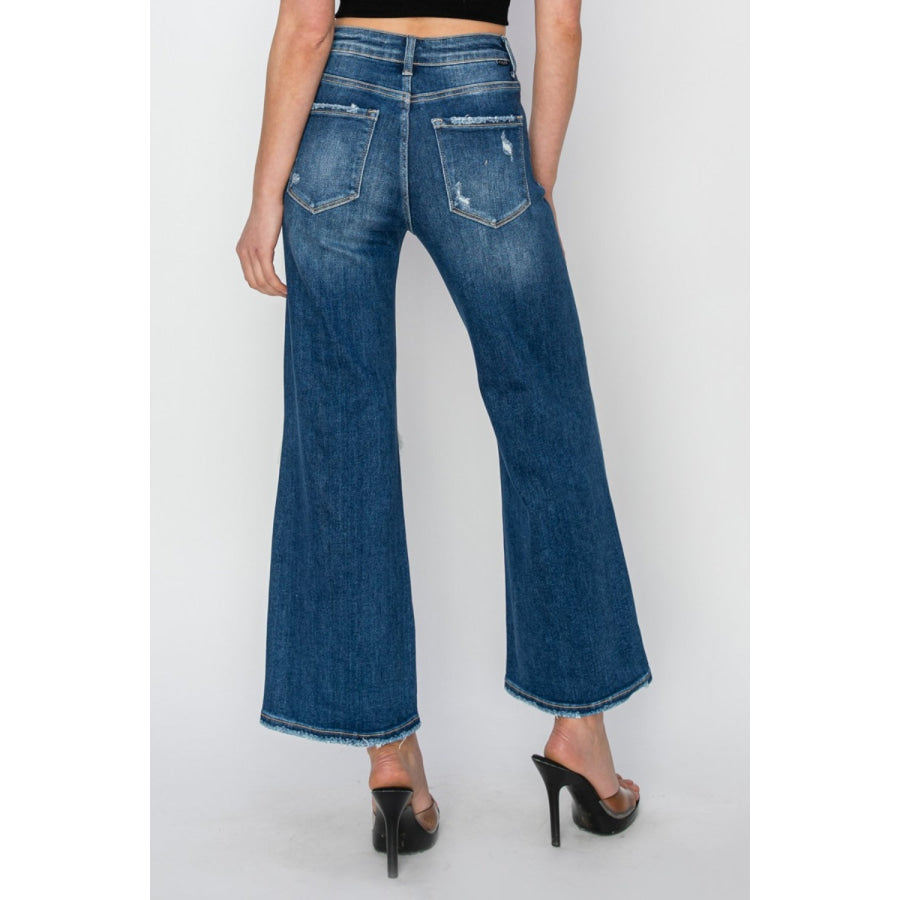 Risen Full Size High Rise Patch Detailed Wide Leg Crop Jeans Apparel and Accessories