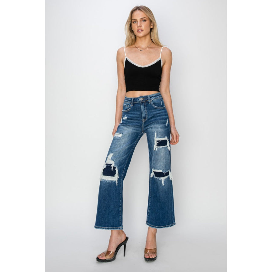 Risen Full Size High Rise Patch Detailed Wide Leg Crop Jeans Apparel and Accessories