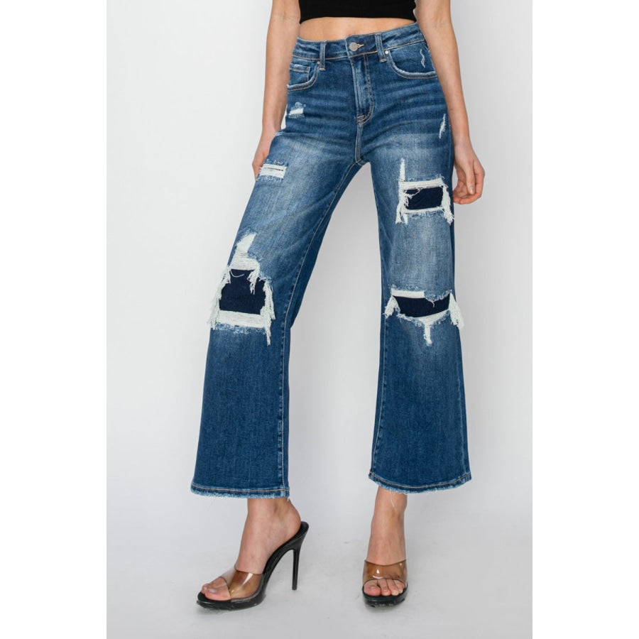 Risen Full Size High Rise Patch Detailed Wide Leg Crop Jeans Apparel and Accessories