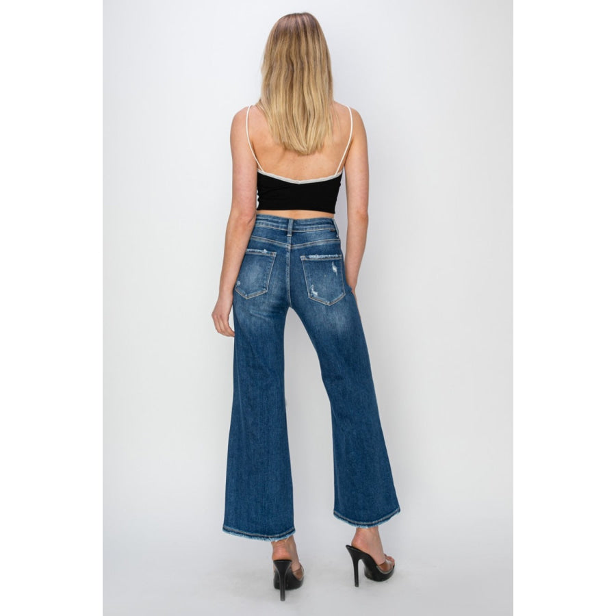 Risen Full Size High Rise Patch Detailed Wide Leg Crop Jeans Apparel and Accessories