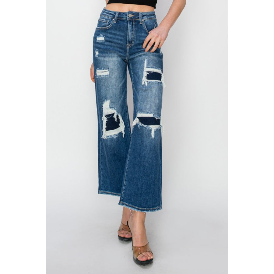 Risen Full Size High Rise Patch Detailed Wide Leg Crop Jeans Apparel and Accessories