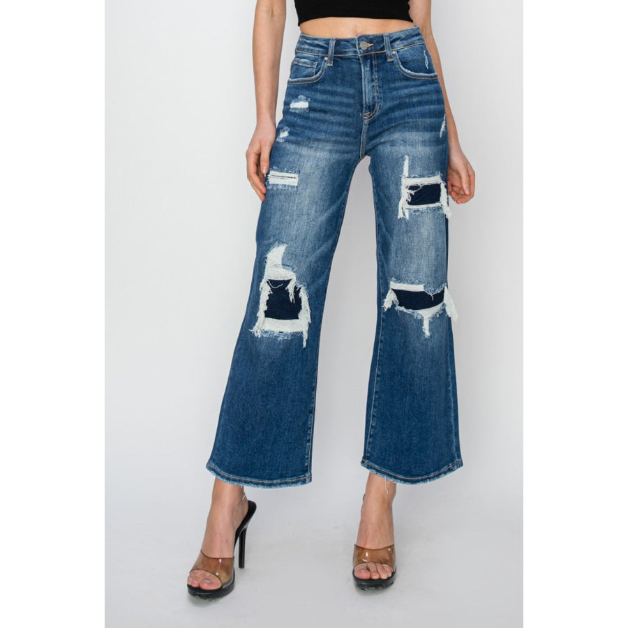 Risen Full Size High Rise Patch Detailed Wide Leg Crop Jeans Medium / 0(24) Apparel and Accessories