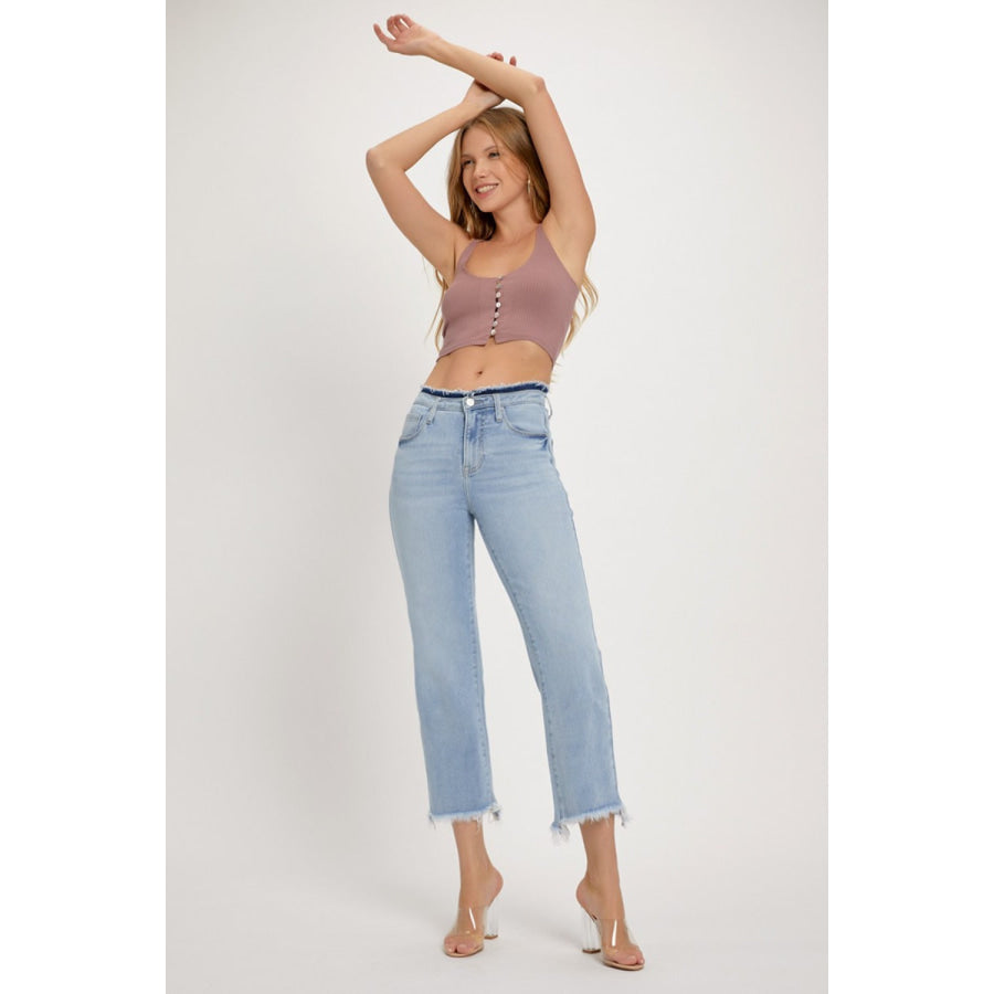 RISEN Full Size High Rise Raw Edge Crop Jeans Apparel and Accessories