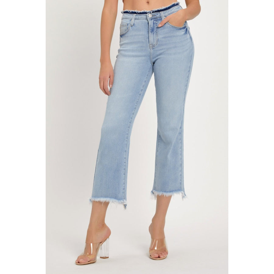 RISEN Full Size High Rise Raw Edge Crop Jeans Light / 0(24) Apparel and Accessories