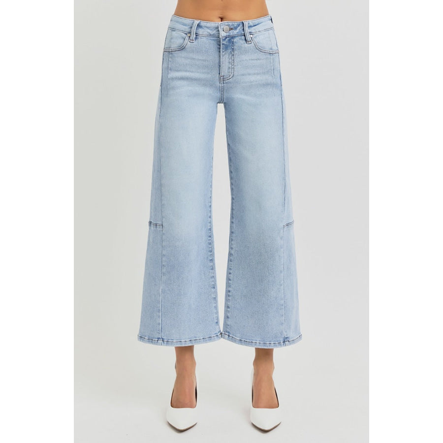 RISEN Full Size High Rise Seamed Detail Wide Leg Crop Jeans Light / 0(24) Apparel and Accessories