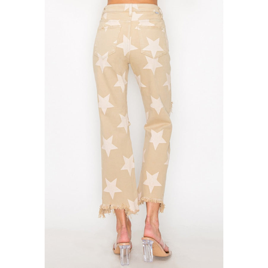 RISEN Full Size High Rise Star Printed Frayed Hem Jeans Khaki / 0(24) Apparel and Accessories