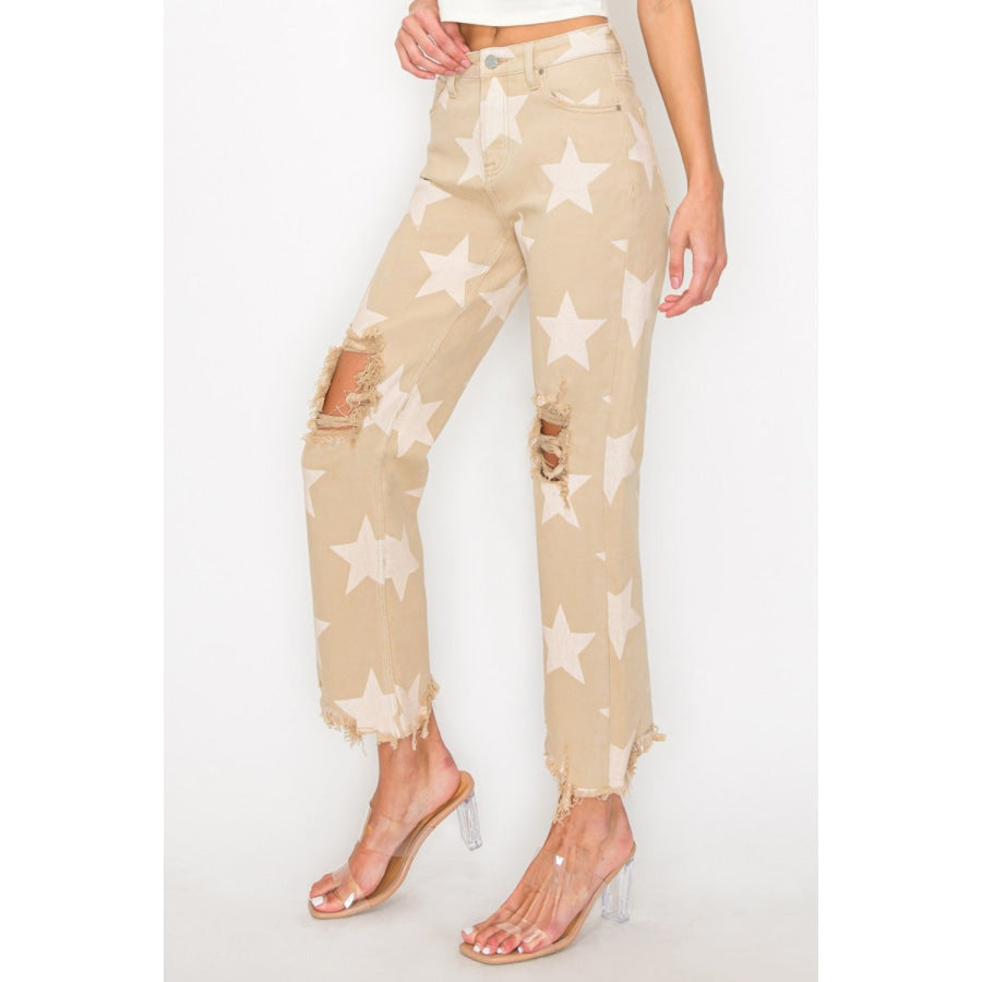 RISEN Full Size High Rise Star Printed Frayed Hem Jeans Apparel and Accessories