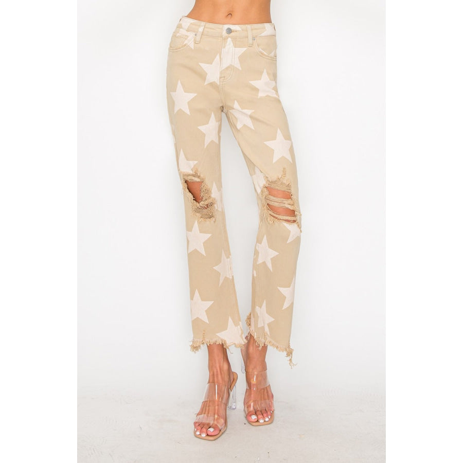 RISEN Full Size High Rise Star Printed Frayed Hem Jeans Apparel and Accessories