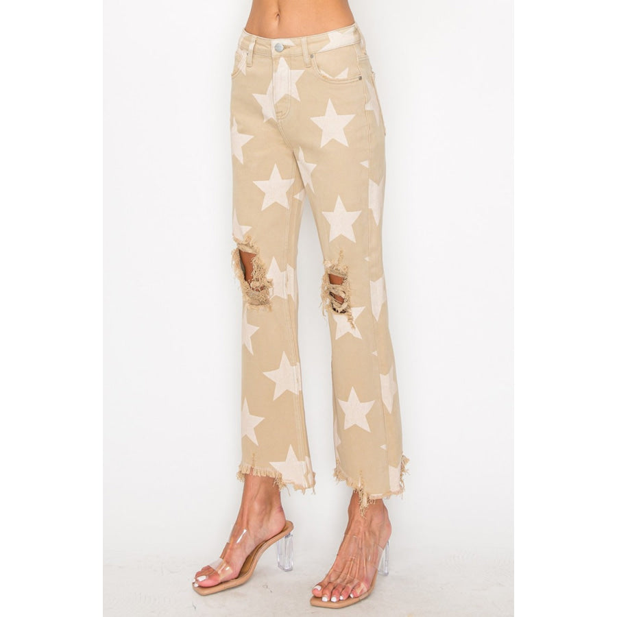 RISEN Full Size High Rise Star Printed Frayed Hem Jeans Apparel and Accessories