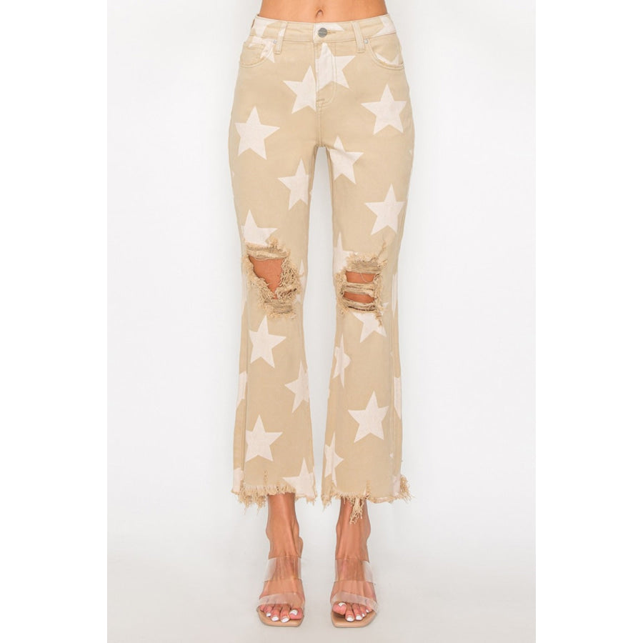 RISEN Full Size High Rise Star Printed Frayed Hem Jeans Apparel and Accessories