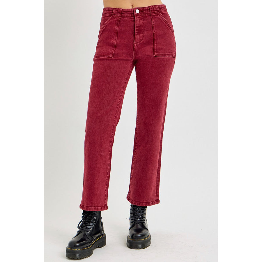 RISEN Full Size High Rise Straight Jeans with Patch Pockets Wine / 0(24) Apparel and Accessories