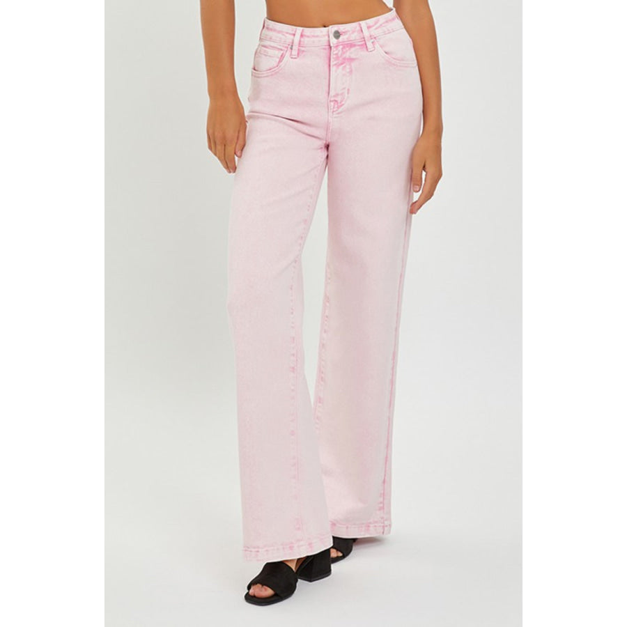 RISEN Full Size High Rise Tummy Control Wide Leg Jeans Acid Pink / Apparel and Accessories