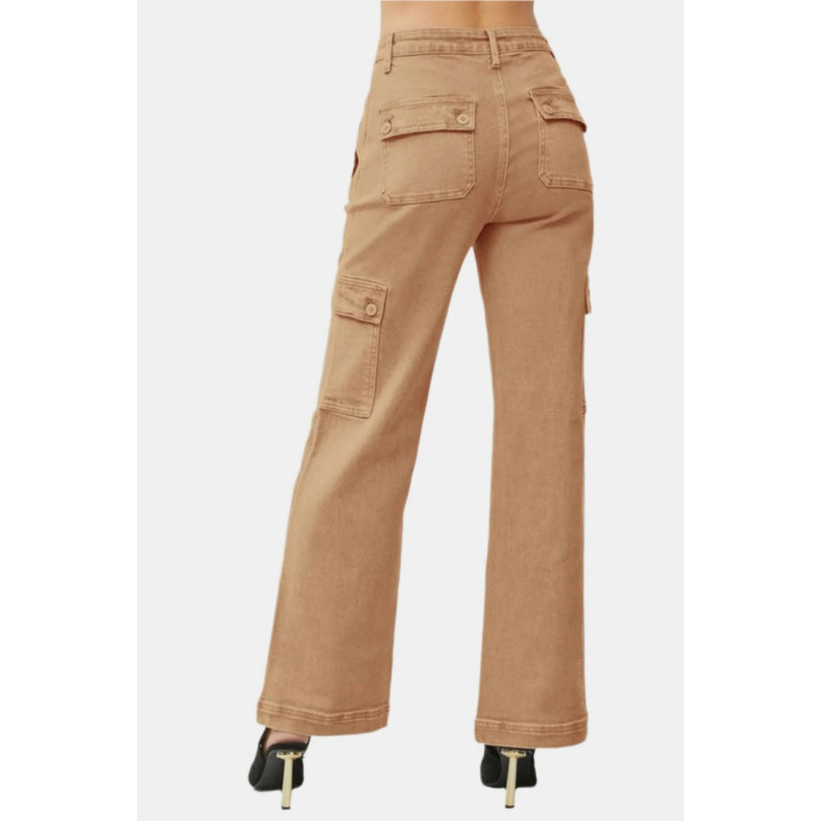 RISEN Full Size High Rise Wide Leg Cargo Jeans Cocoa / 0(24) Apparel and Accessories