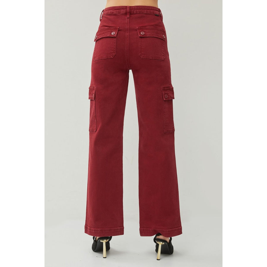 RISEN Full Size High Rise Wide Leg Cargo Jeans Wine / 0(24) Apparel and Accessories