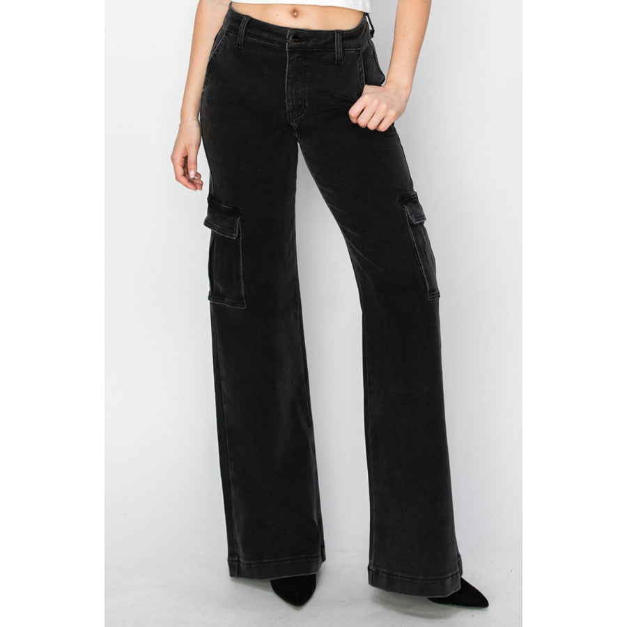 Risen Full Size High Rise Wide Leg Cargo Jeans Black / 0(24) Apparel and Accessories