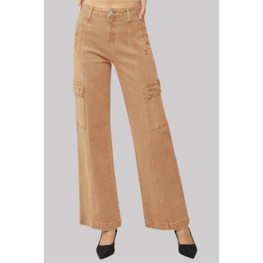 RISEN Full Size High Rise Wide Leg Cargo Jeans Cocoa / 0(24) Apparel and Accessories