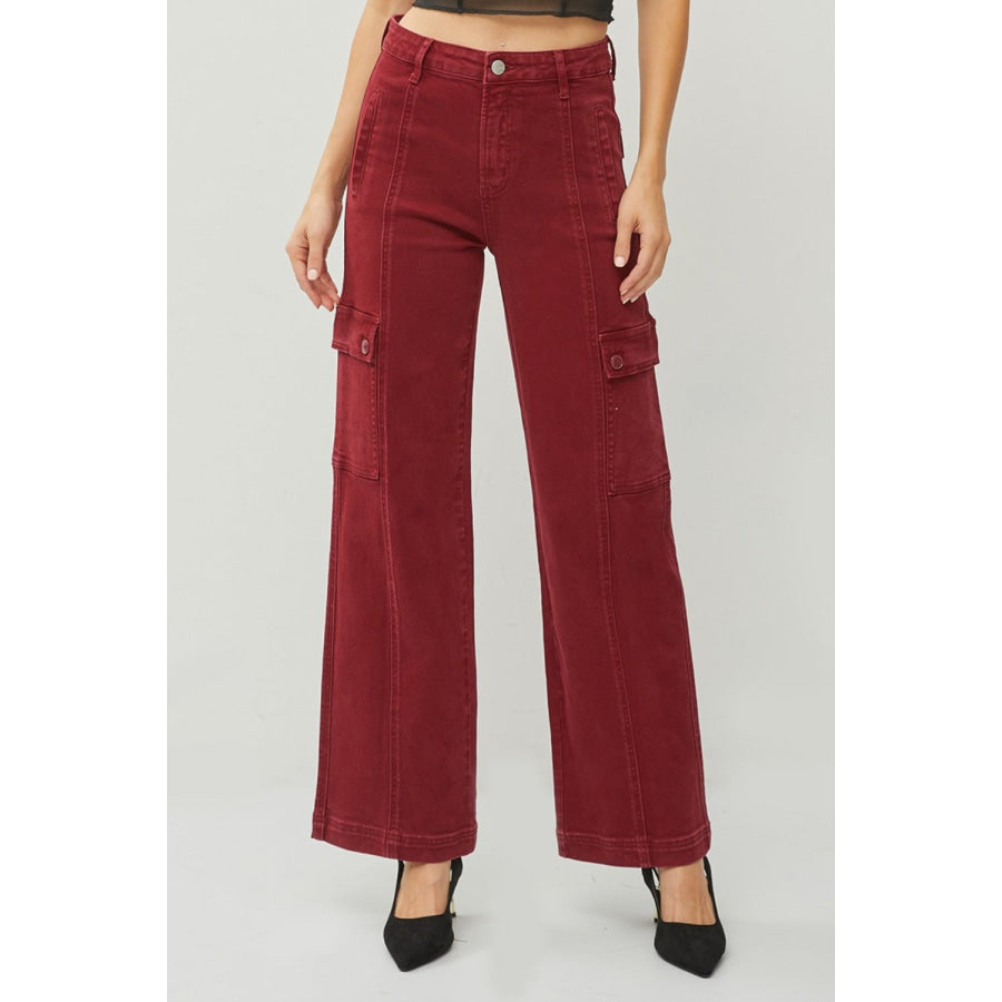 RISEN Full Size High Rise Wide Leg Cargo Jeans Wine / 0(24) Apparel and Accessories