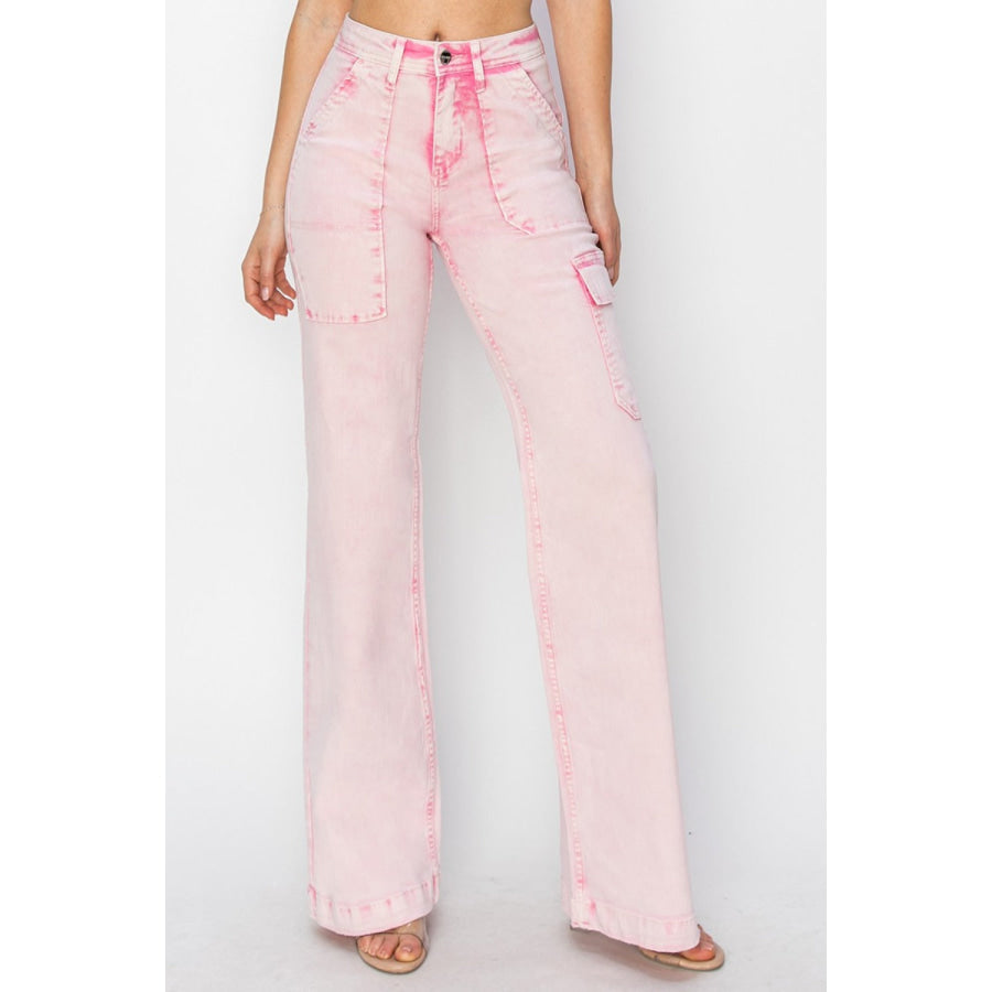 RISEN Full Size High Rise Wide Leg Cargo Pocket Jeans Acid Pink / 0(24) Apparel and Accessories