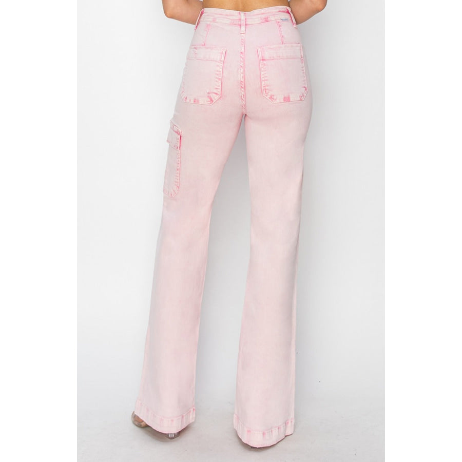 RISEN Full Size High Rise Wide Leg Cargo Pocket Jeans Acid Pink / 0(24) Apparel and Accessories