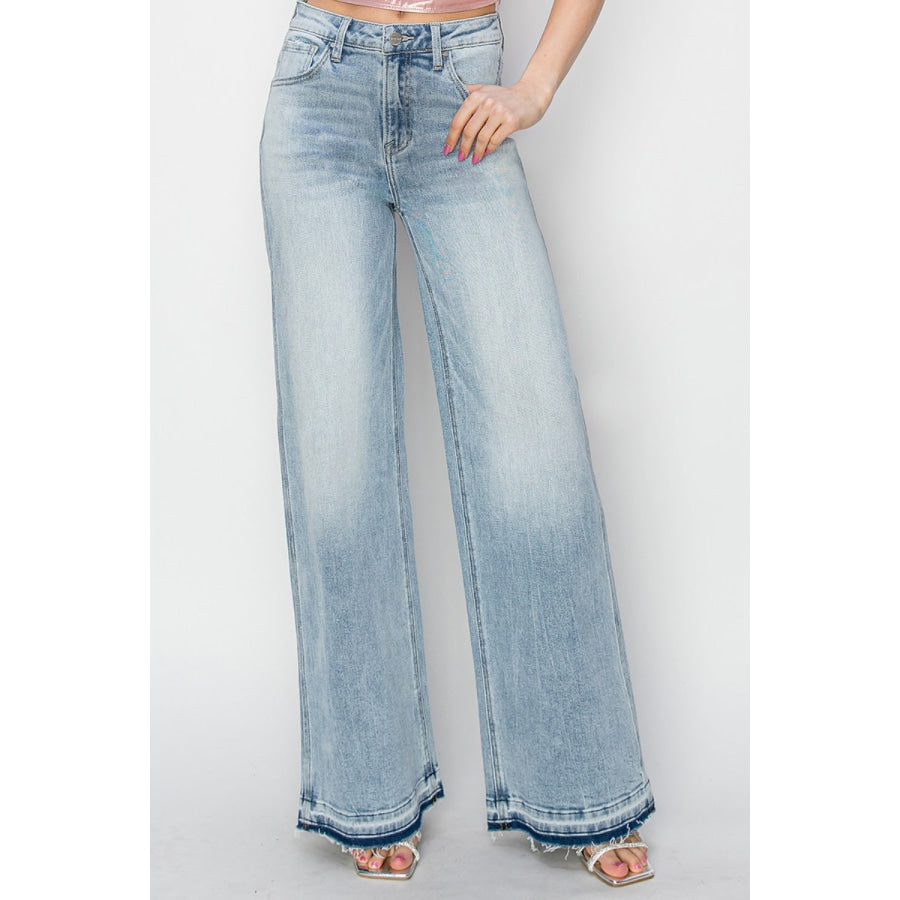 Risen Full Size High Rise Wide Leg Jeans Light / 0(24) Apparel and Accessories