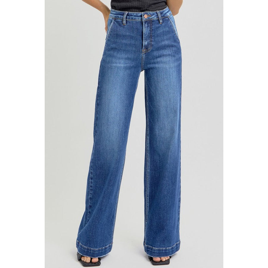 RISEN Full Size High Rise Wide Leg Jeans with Slanted Pockets Apparel and Accessories