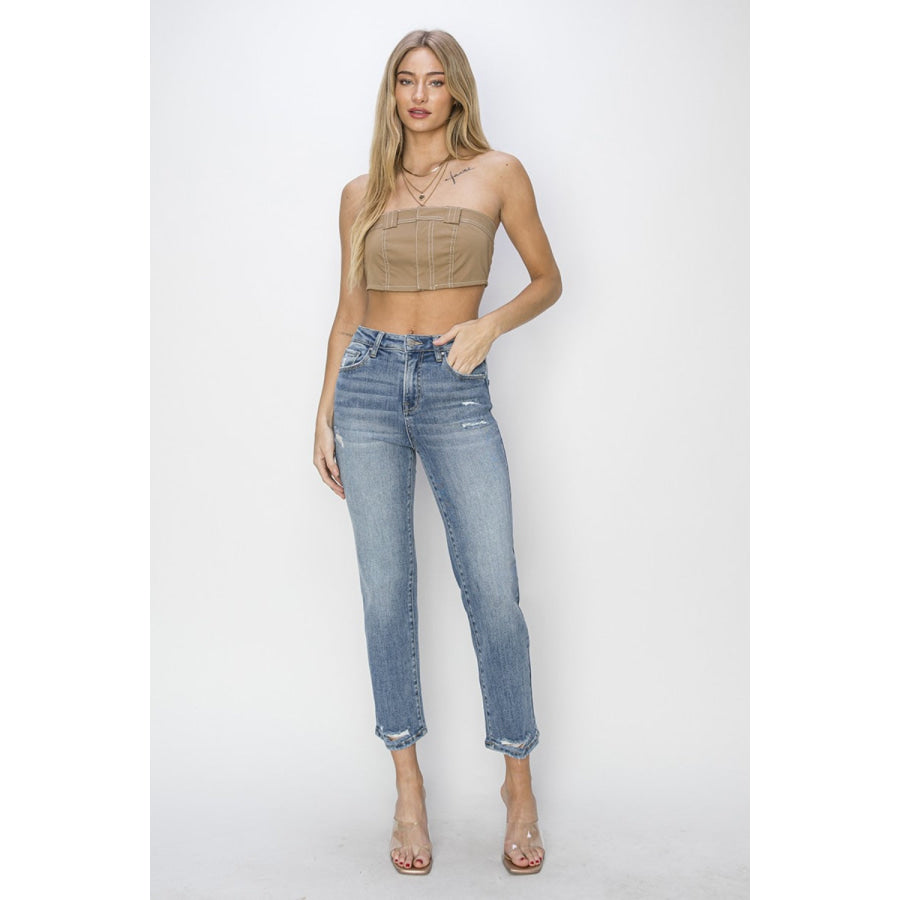 RISEN Full Size High Waist Distressed Cropped Jeans Apparel and Accessories