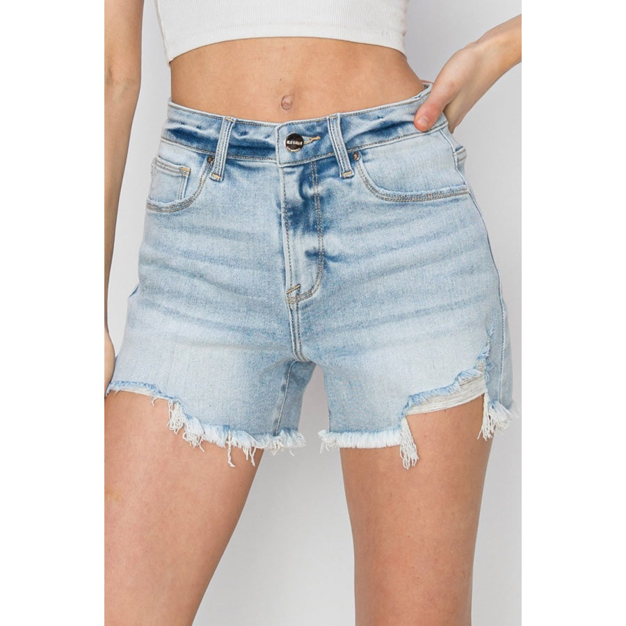 RISEN Full Size High Waist Frayed Detail Denim Shorts LIGHT / S Apparel and Accessories