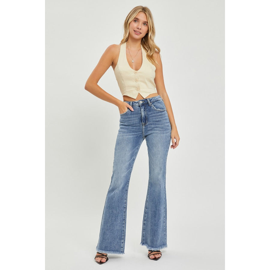 RISEN Full Size High Waist Raw Hem Flare Jeans Apparel and Accessories