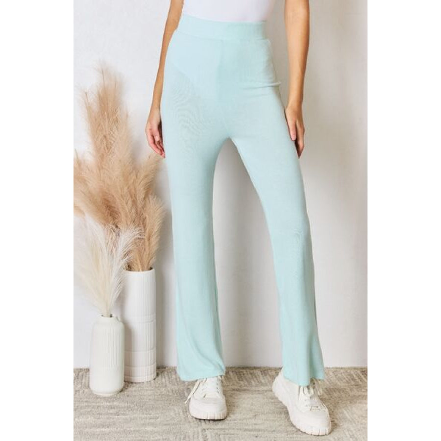 RISEN Full Size High Waist Ultra Soft Knit Flare Pants Mint / S Apparel and Accessories