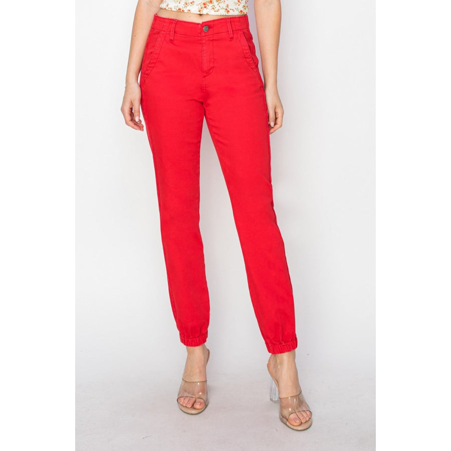 RISEN Full Size High Waisted Jogger Jeans Scarlet / 0(24) Apparel and Accessories