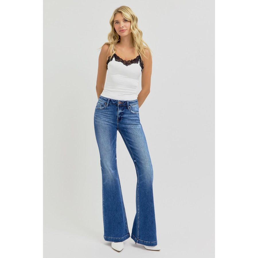 RISEN Full Size Low Rise Flare Jeans with Pockets Apparel and Accessories