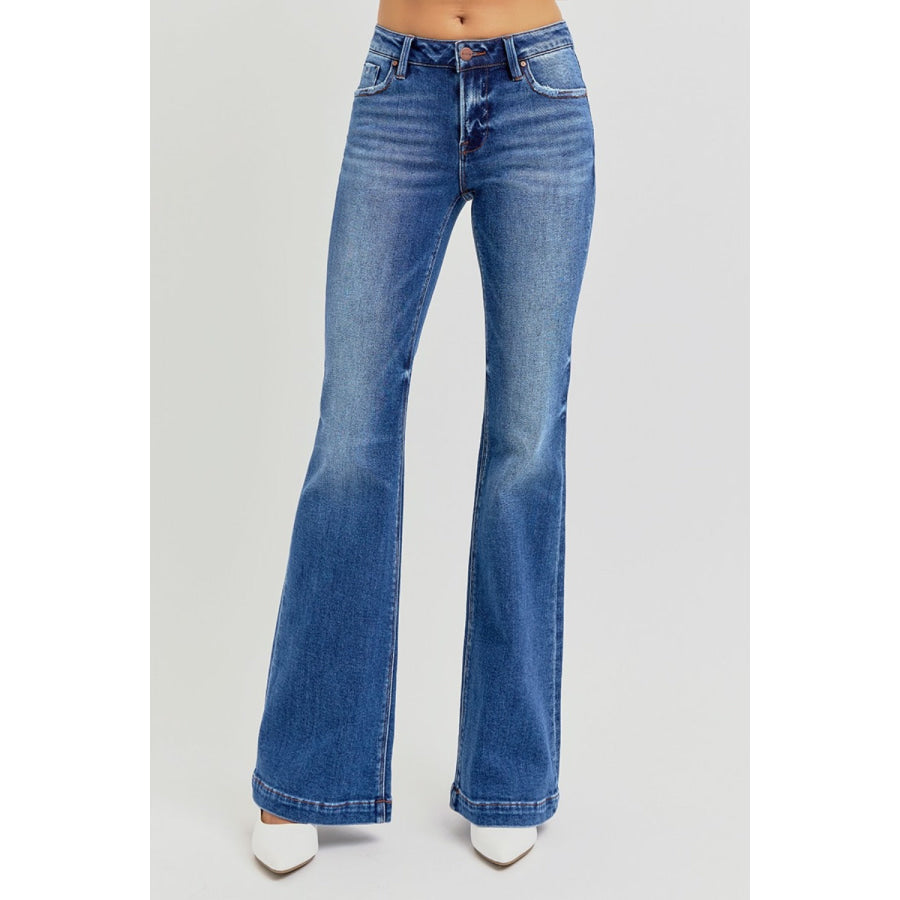 RISEN Full Size Low Rise Flare Jeans with Pockets Apparel and Accessories