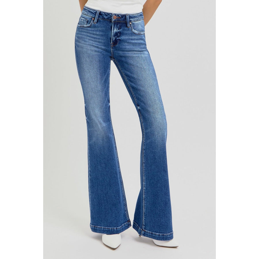 RISEN Full Size Low Rise Flare Jeans with Pockets Apparel and Accessories