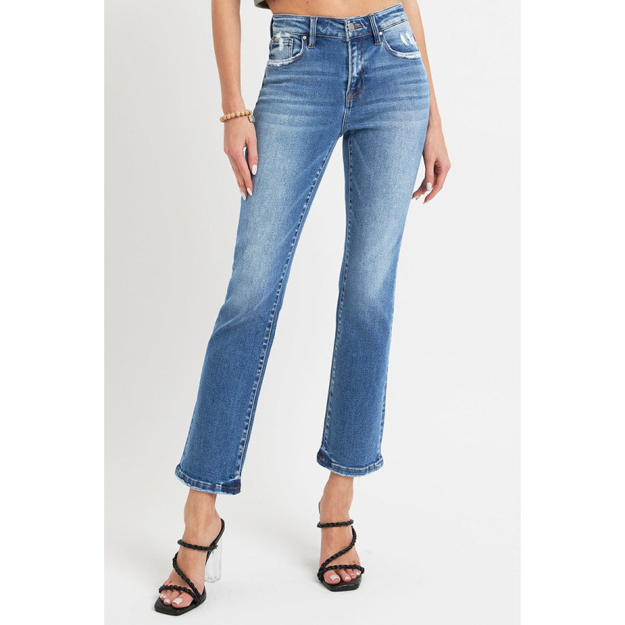 RISEN Full Size Mid Rise Ankle Straight Jeans with Pockets Apparel and Accessories