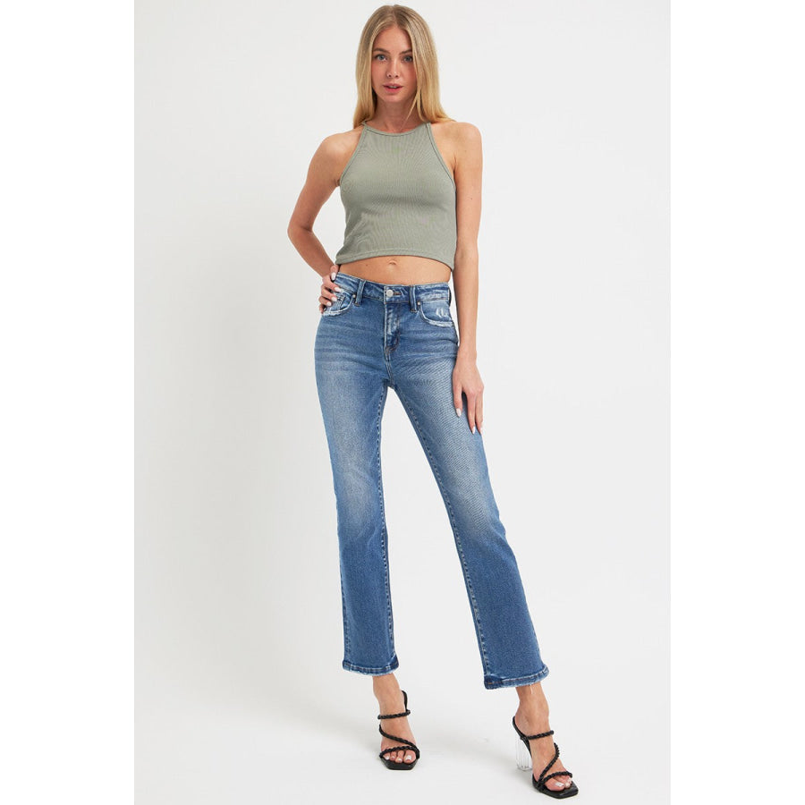 RISEN Full Size Mid Rise Ankle Straight Jeans with Pockets Apparel and Accessories