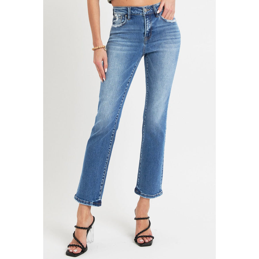 RISEN Full Size Mid Rise Ankle Straight Jeans with Pockets Apparel and Accessories