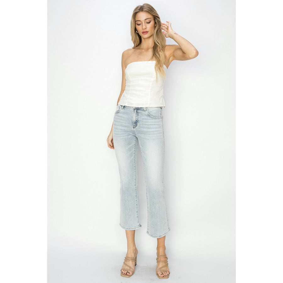 RISEN Full Size Mid Rise Cropped Flare Jeans Apparel and Accessories