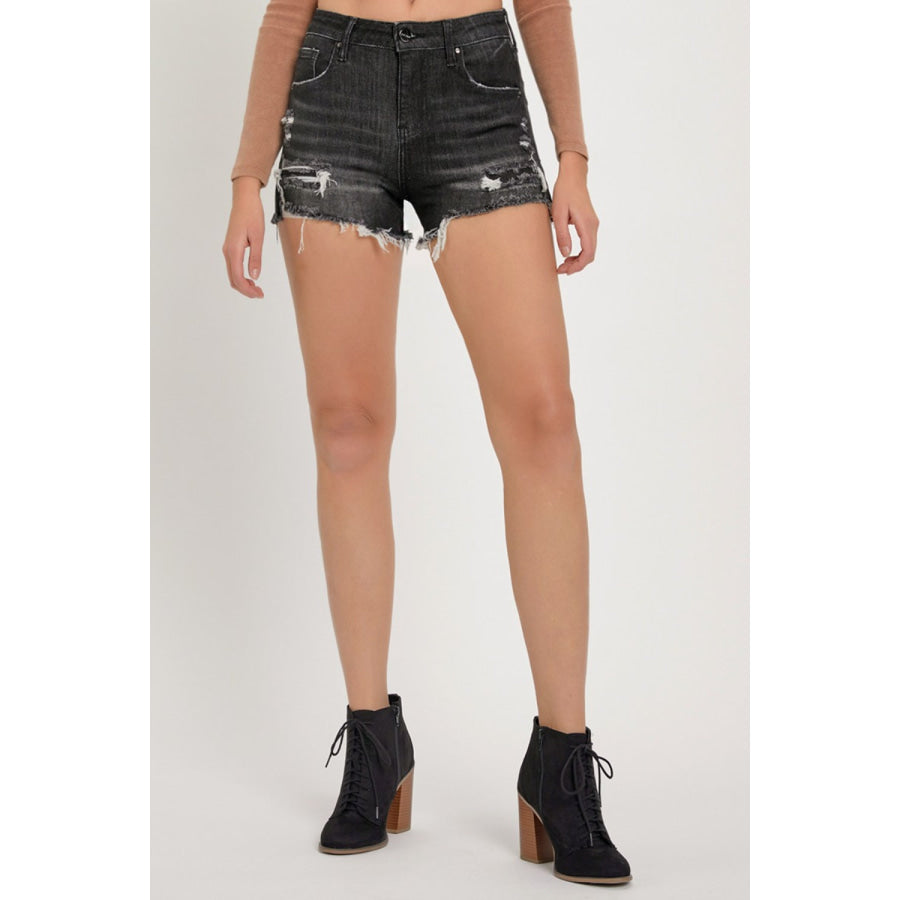 RISEN Full Size Mid Rise Raw Hem Denim Shorts Apparel and Accessories